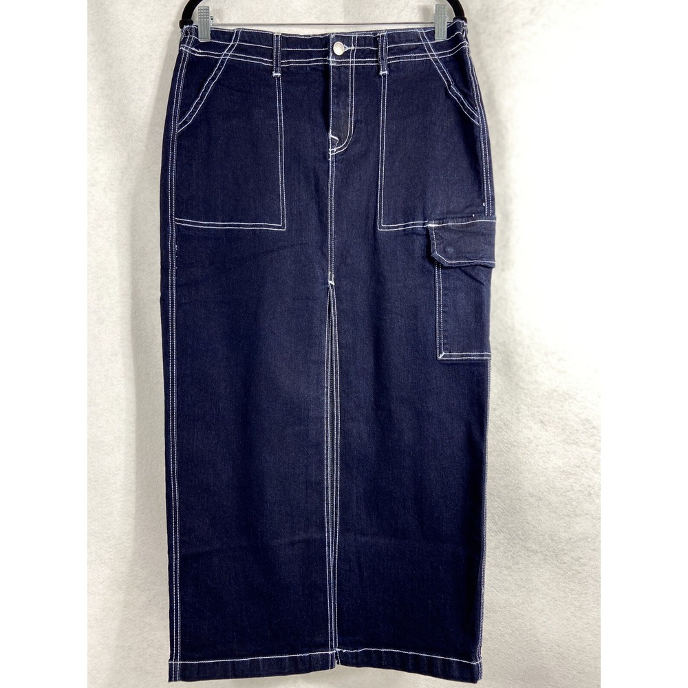 True Religion Maxi Skirt Women's 30 Blue Cargo Denim Front Slit Stretch New